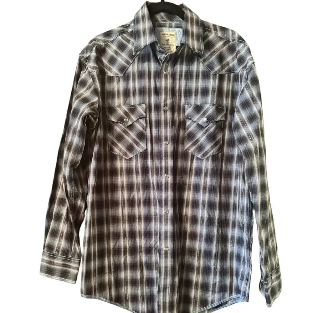 Rough Stock western pearl snap button down M Cotton long sleeve cowboy NFR